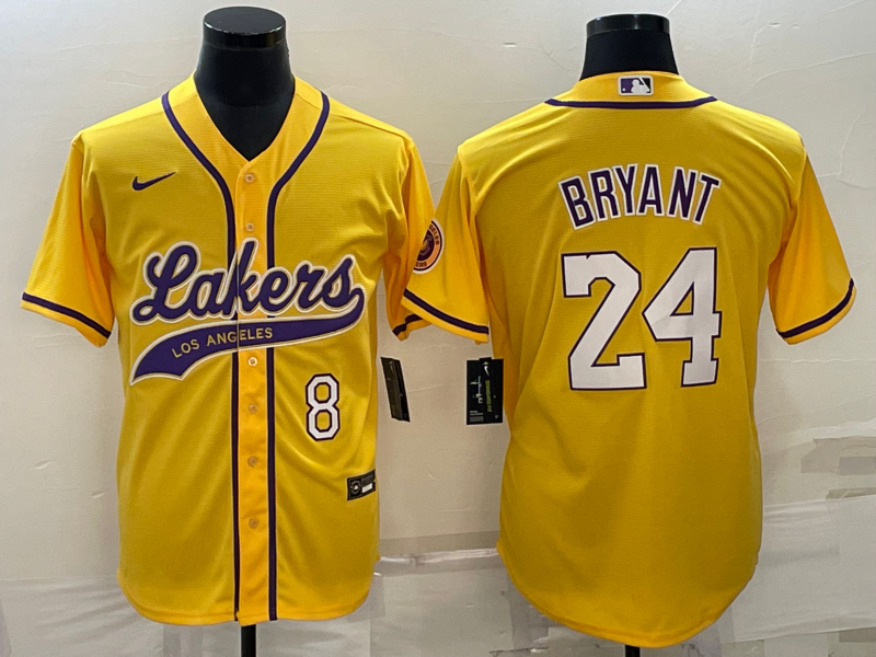 Men's Los Angeles Lakers Front #8 Back #24 Kobe Bryant Yellow Cool Base Stitched Baseball Jersey